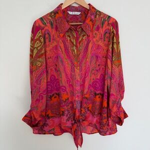 Peter Nygard Pink Orange Paisley Tie Front Roll Tab Sleeve Blouse XL